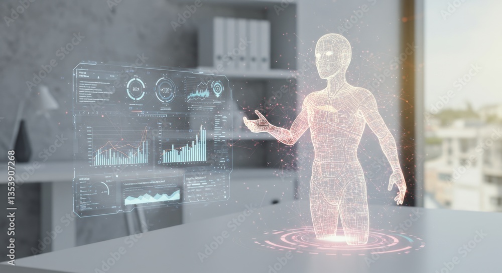 Poster holographic humanoid interacting with futuristic interface data visualization in modern office setti