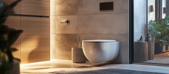 A stylish modern bathroom interior featuring a toilet bowl, sleek tiles, and contemporary design elements, creating a functional yet chic space.