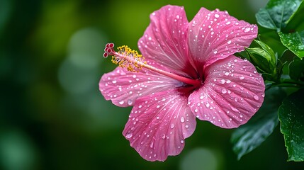 Hibiscus Bloom: Capture the vibrant elegance of a hibiscus flower, its delicate pink petals adorned with glistening water droplets against a soft, blurred background, showcasing nature's artistry.