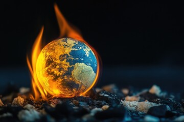 Earth engulfed in flames, a visual representation of global warming.  A burning globe sits on a bed of ash and embers, highlighting the destructive effects of climate change