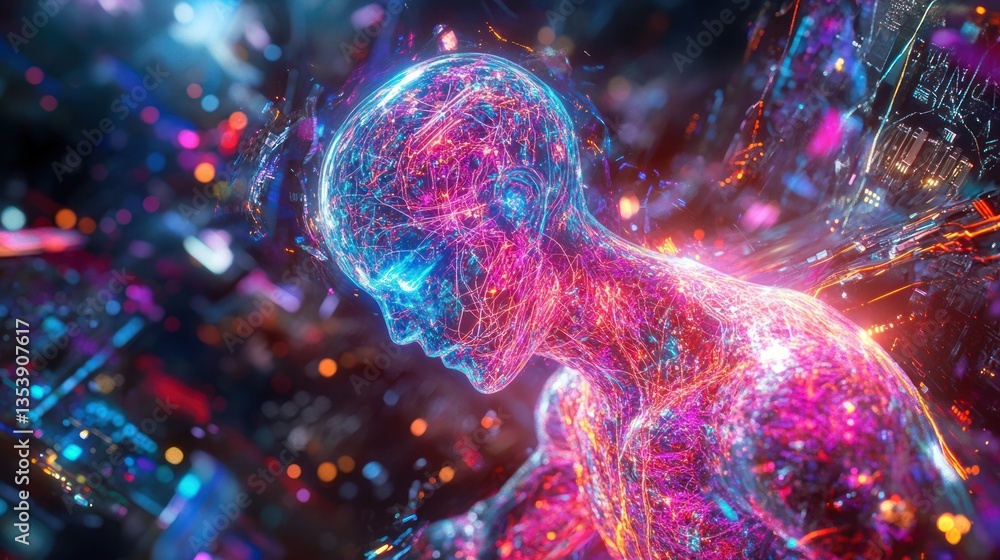 Poster artificial intelligence: human shaped network of glowing data streams and connections