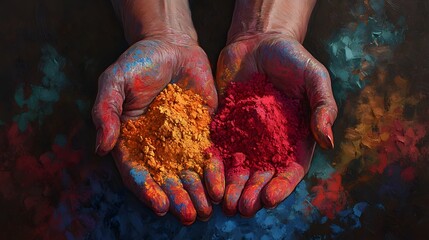 Holi Celebration: A person's hands hold vibrant, colorful powders in this image, representing the jubilant spirit of the Holi festival. Experience the explosion of colors.