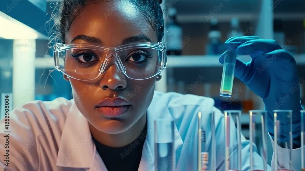 Aufkleber this image features a scientist analyzing vibrant liquids in test tubes, highlighting the importance