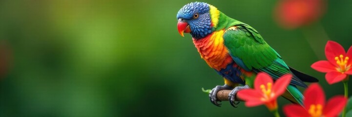 Obraz premium Colorful parakeet perched on a flower stem , wildlife, blossom