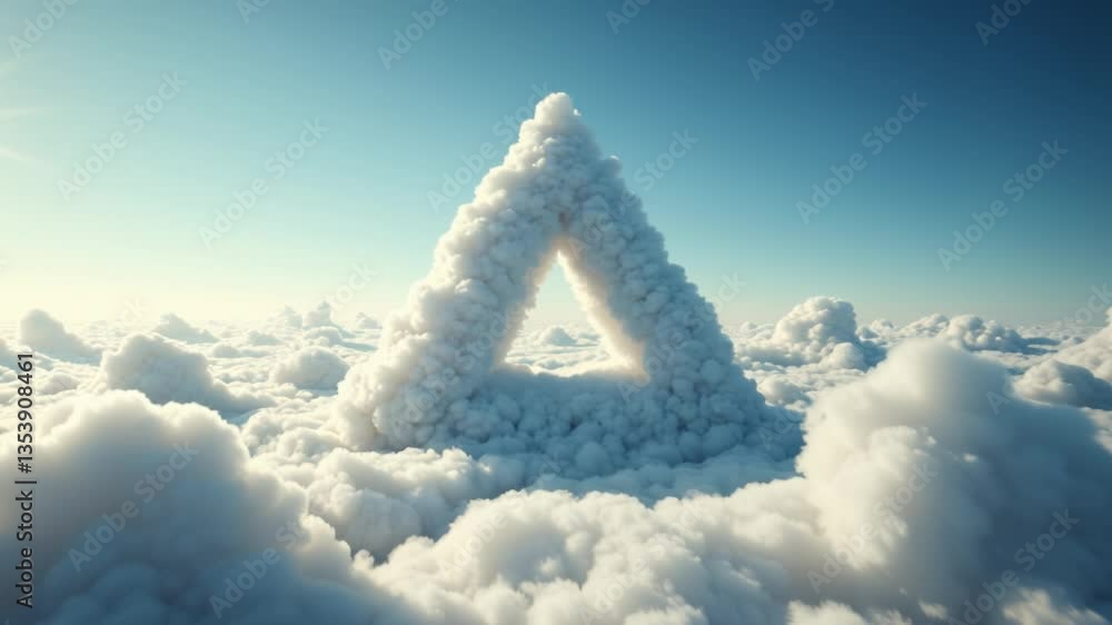 Poster Surreal Triangle Shape Floating Amidst Soft White Clouds in a Beautiful Sky with Light Blue Hues and Dreamy Atmosphere for Artful Inspiration