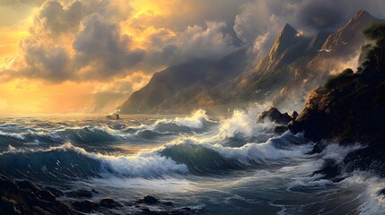 Seaside Majesty: The sea waves crashing along a rugged coast, mountains rise majestically in the background under a sky filled with dynamic clouds.