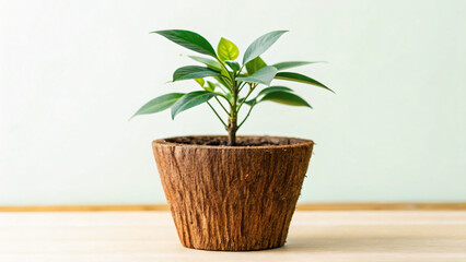 Fototapeta premium Indoor Plant Growing in Rustic Pot with Natural Wood Texture on Minimalist Background