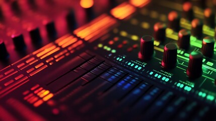 Obraz premium Vibrant Symphony: A Close-Up of a Music Mixer's Illuminated Controls