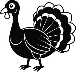 Cartoonish Turkey Illustration, Bold Black and White Outline, Festive Holiday Animal
