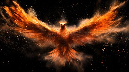 Phoenix Soaring: A majestic phoenix, ablaze with fiery colors, rises from the ashes against a backdrop of darkness. Capturing the symbolism of rebirth and strength.