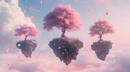 Floating Sakura Paradise: A dreamy depiction of ethereal islands, each crowned with a vibrant cherry blossom tree, floating amidst a sea of soft pink clouds. Petals dance gently.