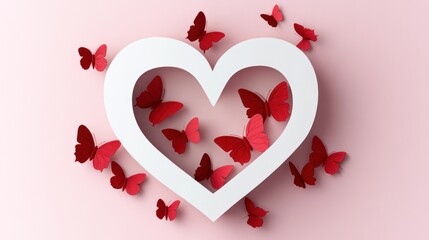 Heart-shaped frame, red butterflies, love, valentines day, aesthetic background