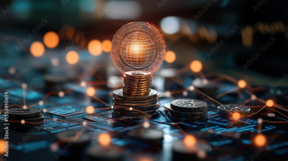 Aufkleber a glowing glass orb representing a digital network on a stack of coins, illuminated by connected coi