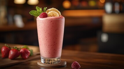 Strawberry Bliss: A luscious strawberry smoothie, garnished with fresh mint and banana slices, sits invitingly on a wooden surface, embodying the essence of refreshing deliciousness.