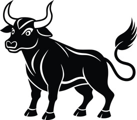 Black Bull Silhouette with Curved Tail and Horns, Wild Animal Isolated on White