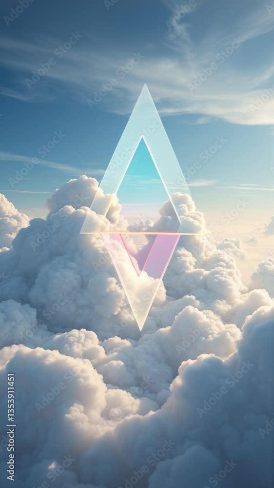 Poster surreal triangle shape floating amidst soft white clouds in a beautiful sky with light blue hues and