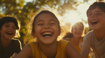 Joyful Laughter of Children: A heartwarming image of a group of children, bathed in sunlight, sharing infectious laughter and pure joy.