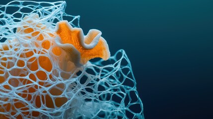 Pollution, future and water concept. A close-up of a vibrant orange coral emerging from a delicate, web-like structure against a serene blue backdrop.