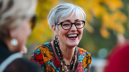 Joyful Laughter: A portrait of an older woman wearing glasses, her eyes sparkling with genuine joy as she laughs, capturing a moment of pure delight. 