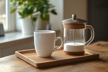 Fototapeta premium Morning ritual with a French press coffee maker, sugar jar, and a warm ceramic cup