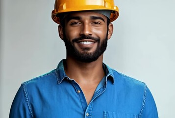 Smiling construction worker wearing orange hard hat and blue shirt in a bright setting