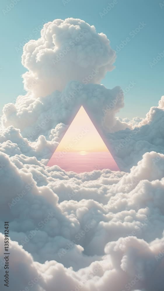 Poster surreal triangle shape floating amidst soft white clouds in a beautiful sky with light blue hues and