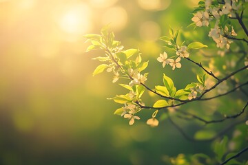 Obraz premium Blooming tree branch with white flowers at sunset