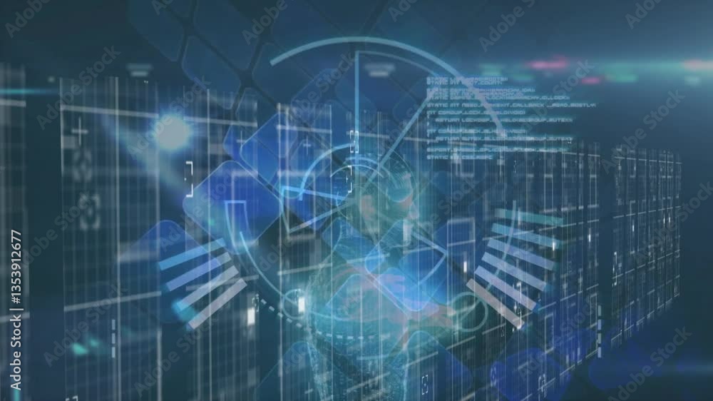 Poster animation of futuristic digital interface with geometric patterns in blue tones