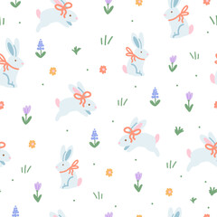 Bunnies with Bows and Flowers Seamless Pattern