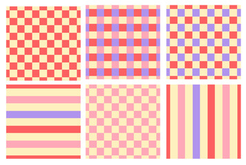 Set of Checkered Patterns, Red, Purple, Pink on Yellow