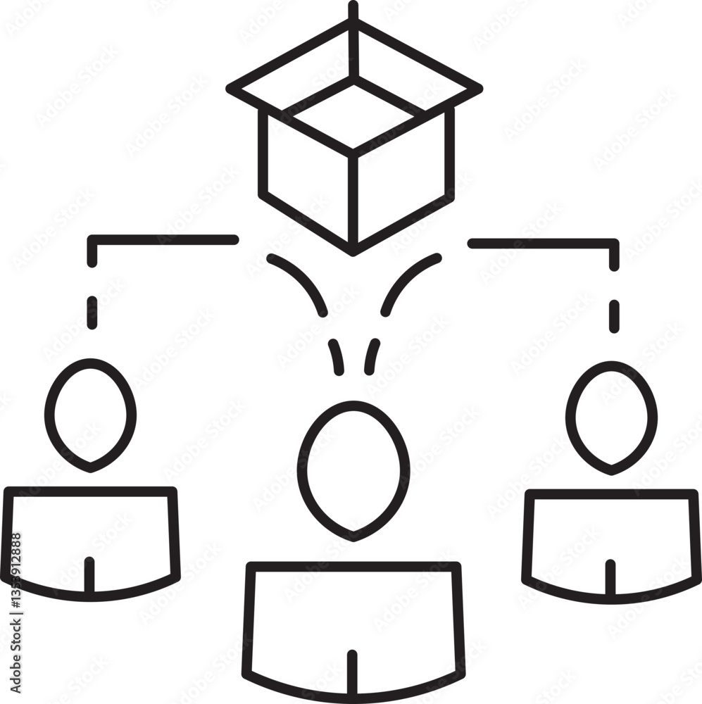 Poster simple line illustration depicts distribution process, showing box at top with lines connecting to t