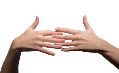 Hands with neatly groomed short nails intertwined in an elegant pose. Glossy, polished nails and soft skin demonstrating beauty, hygiene, and skincare. Isolated on white background..