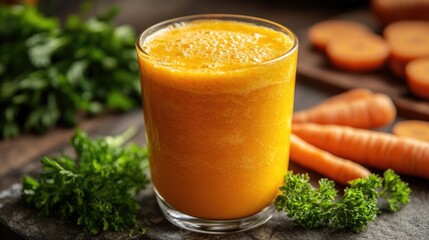 Nutritious Carrot Juice: A refreshing glass of vibrant carrot juice sits beside fresh carrots and green parsley, embodying health and vitality