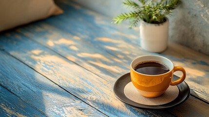 A cup of coffee on the table, with a blue wooden texture and yellow tones, time to relax