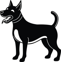 Silhouette of a Happy Dog Standing, Tongue Out, Collar, Black and White, Isolated