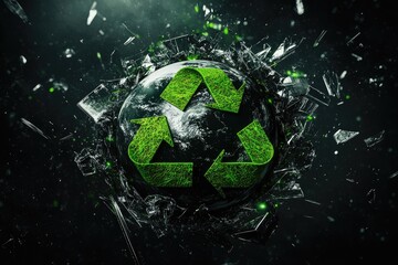 Recycled Earth.  Shattered sphere with a green recycle symbol, symbolizing environmental protection and sustainability.  Intense, vibrant imagery