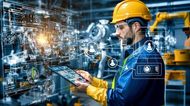 The Engineer of Progress: A skilled engineer, clad in a hard hat, masterfully utilizes a tablet to monitor and control the complex machinery within a modern industrial setting, embodying innovation