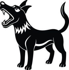 Cartoon Black Dog Howling, Open Mouth with Sharp Teeth, Curled Tail, Isolated on White