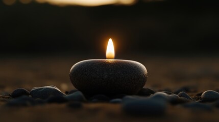 Single candle on pebbles at sunset