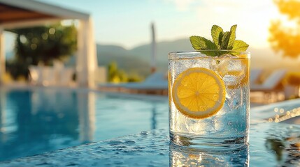 Iced lemon drink by resort pool at sunset