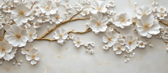 A stunning 3D floral tree mural featuring intricate white blossoms and golden branches. The elegant and luxurious design is sophisticated and perfect for  