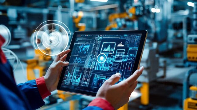 Precision and Progress: A factory worker leverages advanced technology, utilizing a digital tablet to monitor and control industrial machinery. capturing automation and efficiency