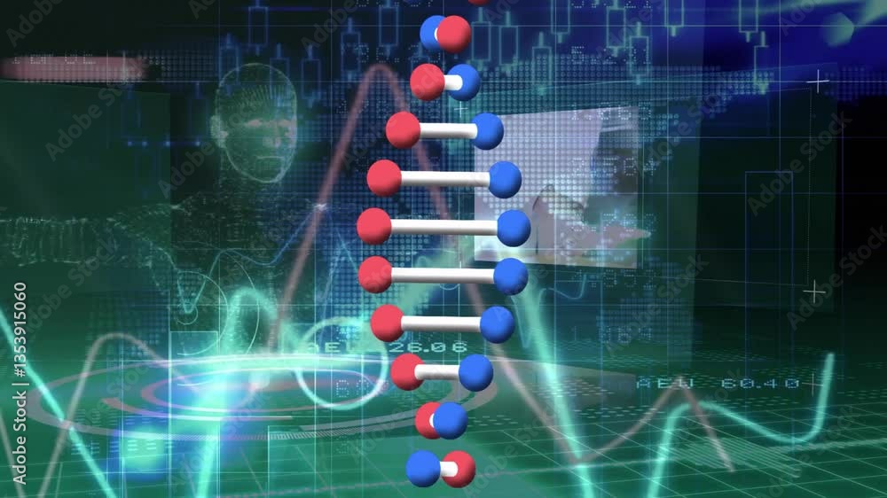 Poster dna strand and binary coding, processing scientific data in animation style
