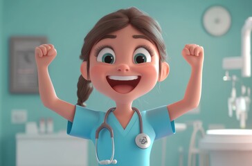 3D animated children and teacher laughing together, fun classroom