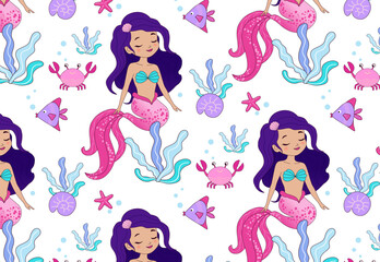 Vector seamless pattern with cute little mermaid. Ocean, sea. Mermaid princess. Creative baby texture for fabric, packaging, textile, wallpaper.