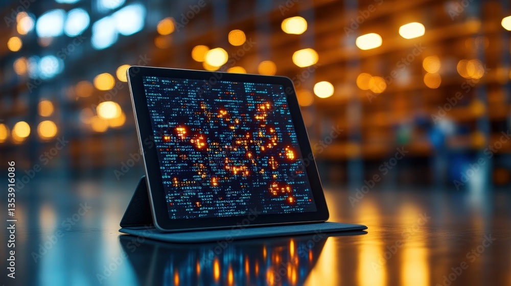 Poster tablet with complex data visualization on a reflective surface in a brightly lit warehouse with blur