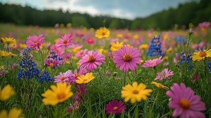 Fototapeta premium Vibrant wildflowers bloom in a lush meadow under a stormy sky