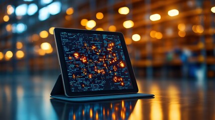 Tablet with complex data visualization on a reflective surface in a brightly lit warehouse with blurry shelving and lighting in the background.