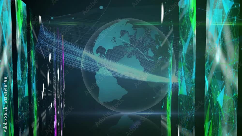 Poster digital animation of globe with colorful patterns and lines surrounding it