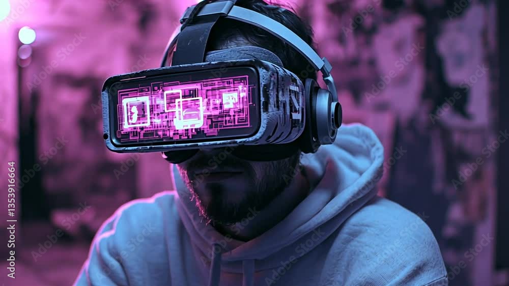 Poster man immersed in virtual reality with a glitch effect backdrop generative ai